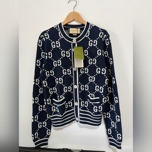 Gucci Navy Blue GG Jacquard Knit Cardigan